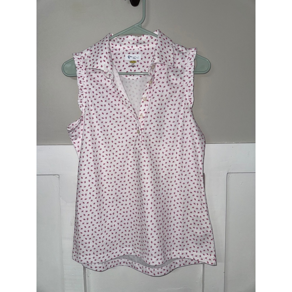 Greg Norman PlayDry Sleeveless Golf Polo Pink Umbrella Print Ruffle Trim Small